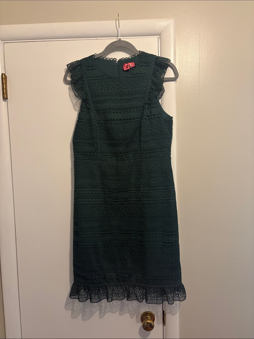 J. Crew Sleeveless Dark Green Lace Shift Dress with Ruffle Hem